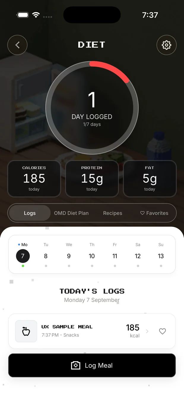 The diet screen with a saved meal and the day's calories, protein and fat