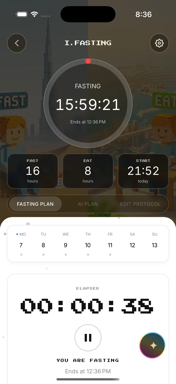 The fasting timer counting 15:59:21 with the plan and history below