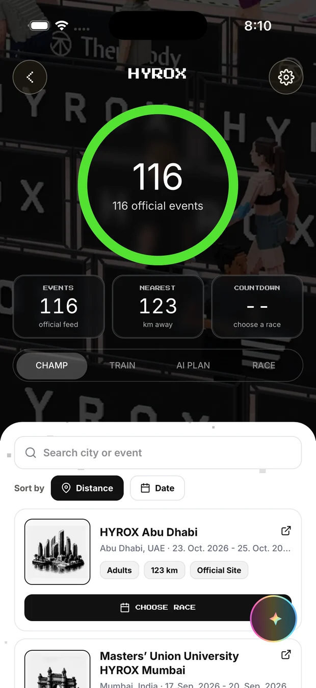 The HYROX event calendar with a city search and the nearest race