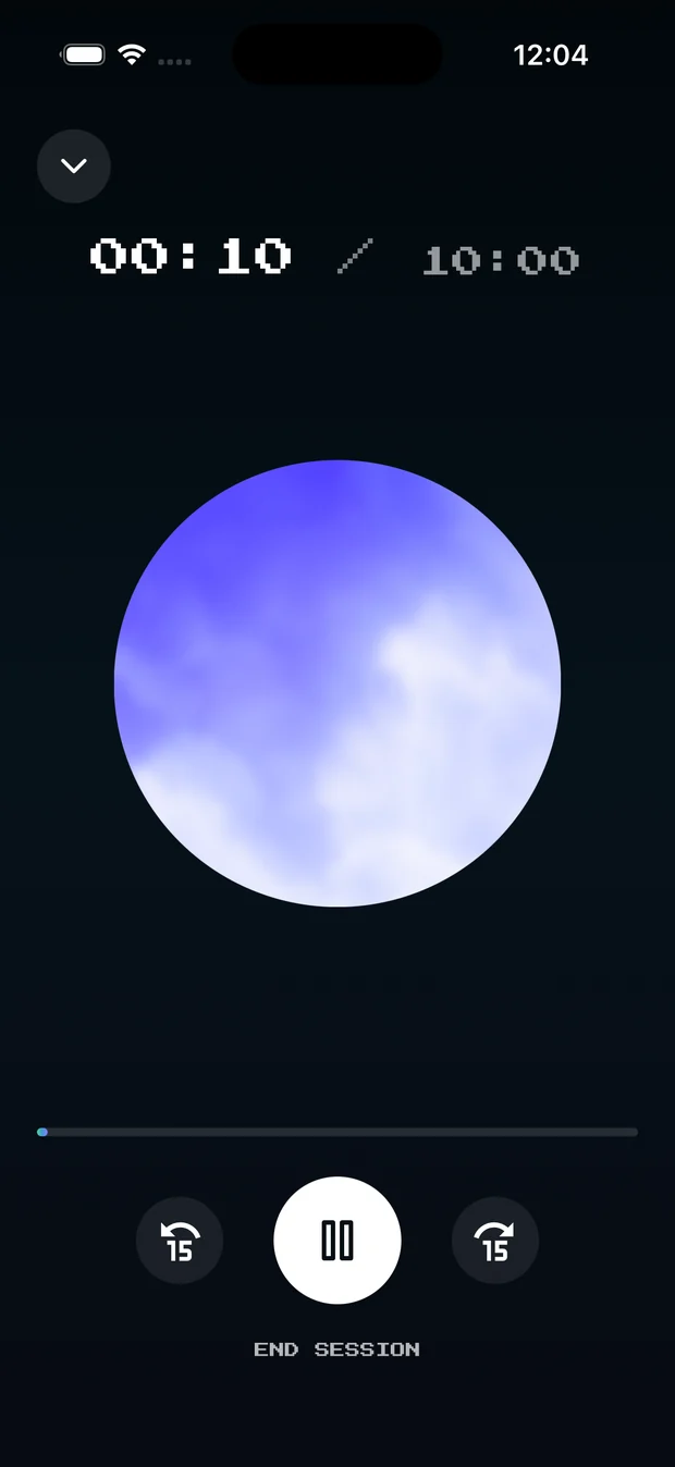 The meditation player mid-session with the timer at 13:38