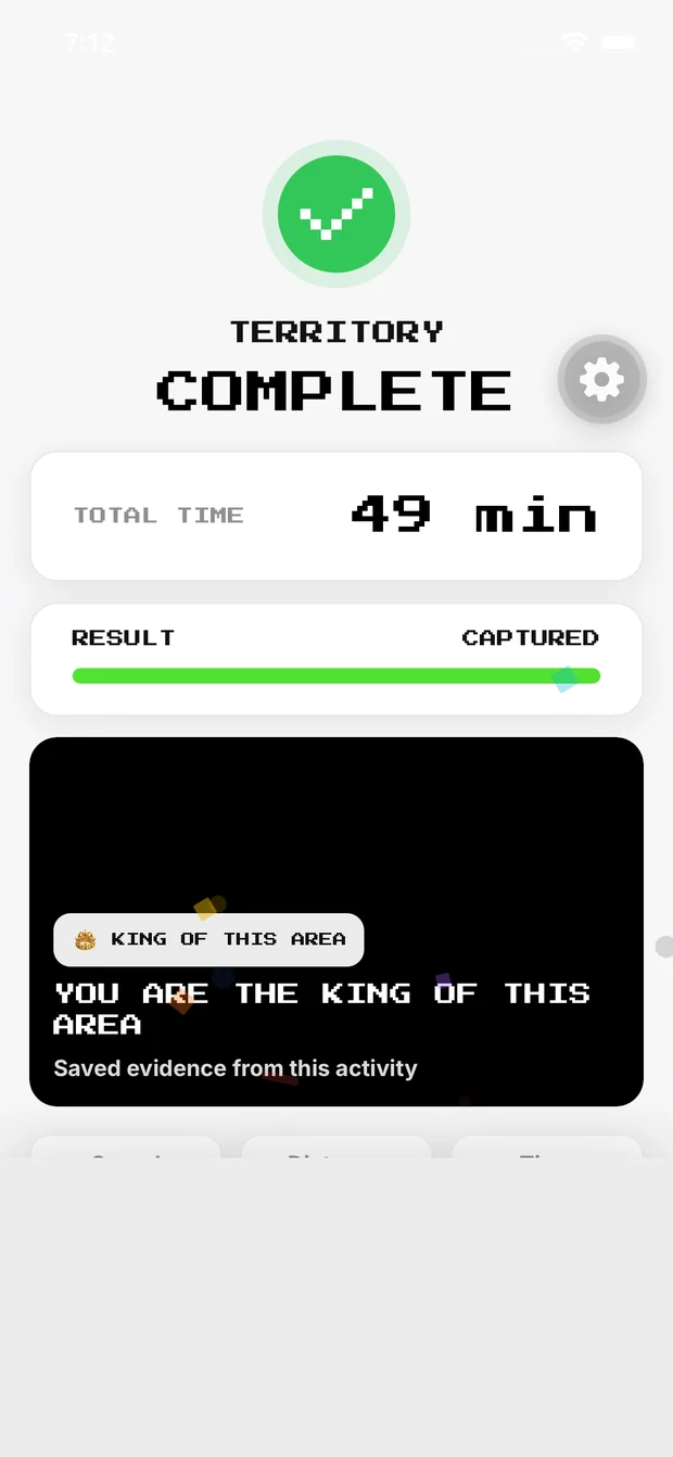A finished run: territory complete, 49 minutes, king of this area