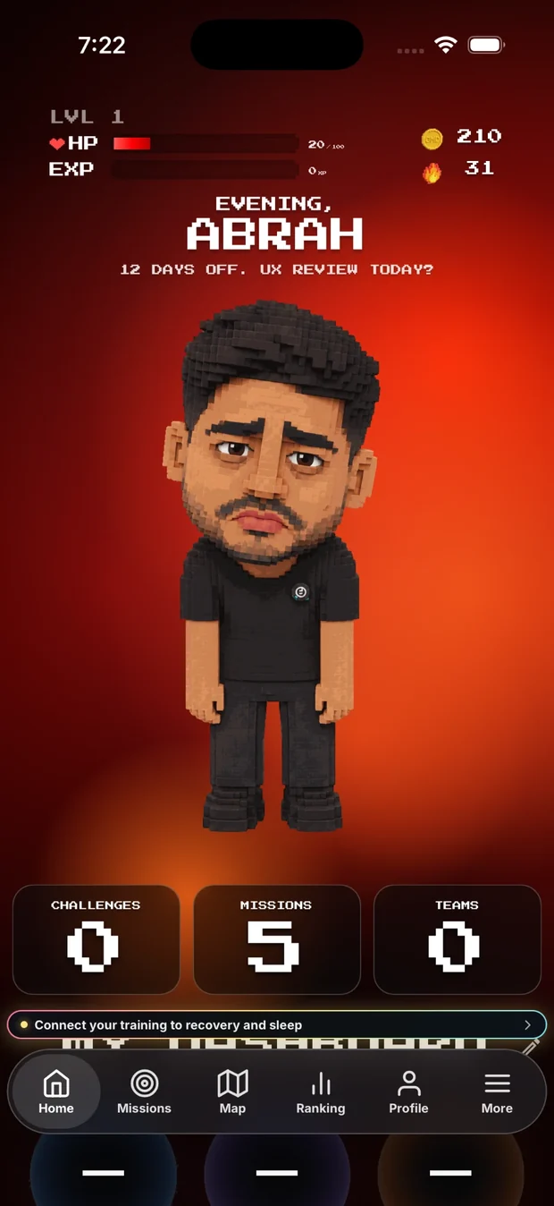 The same home screen at 20 HP: the same avatar, drained, against a red field