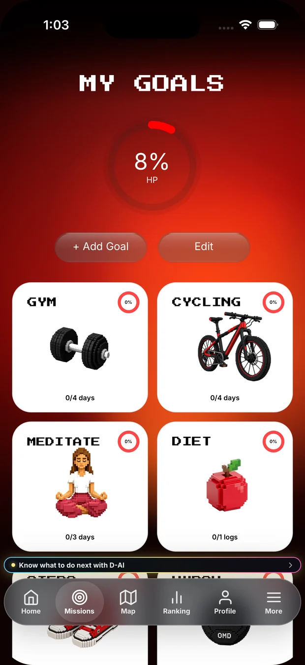 The goals board with gym, cycling, meditation and diet