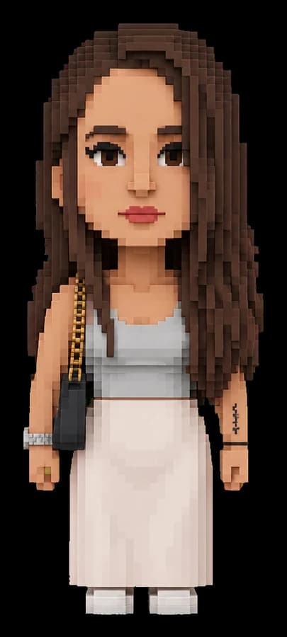 Her voxel avatar, in the same light top and long skirt