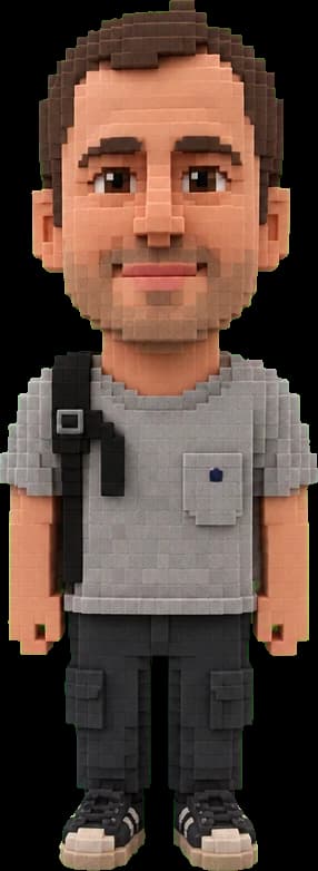 His voxel avatar, in the same grey t-shirt and dark trousers with the backpack