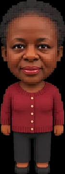 Her voxel avatar in the same cardigan and trousers