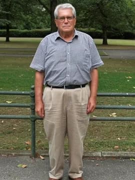 An older man by a park railing in a checked shirt and beige trousers