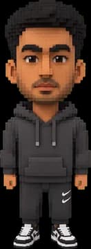 His voxel avatar in the same hoodie and joggers