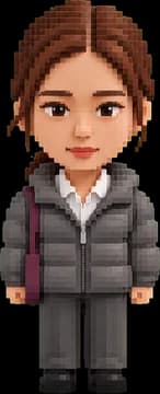 Her voxel avatar in the same puffer jacket and boots