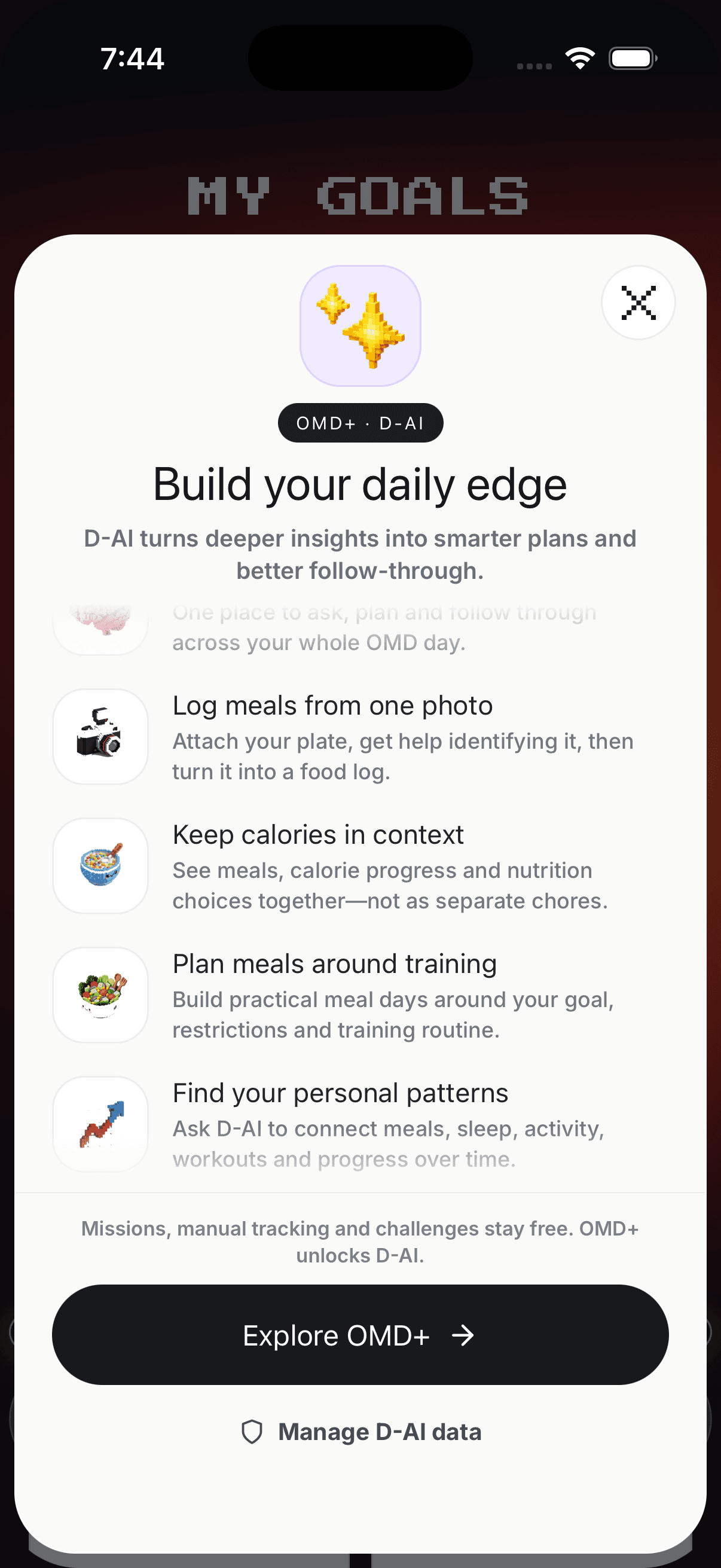 Current locked D-AI benefit reel in One More Day showing coaching, meal, recovery and plan benefits