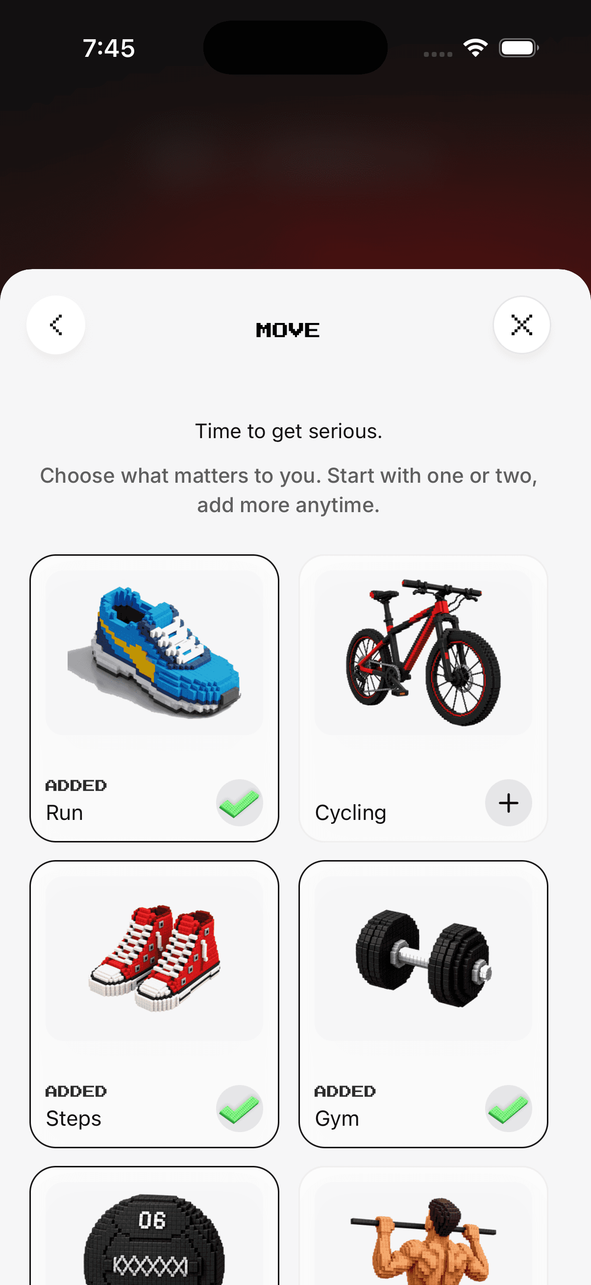 Current One More Day Move mission picker with original Run, Cycling, Steps, Gym, HYROX and Calisthenics artwork