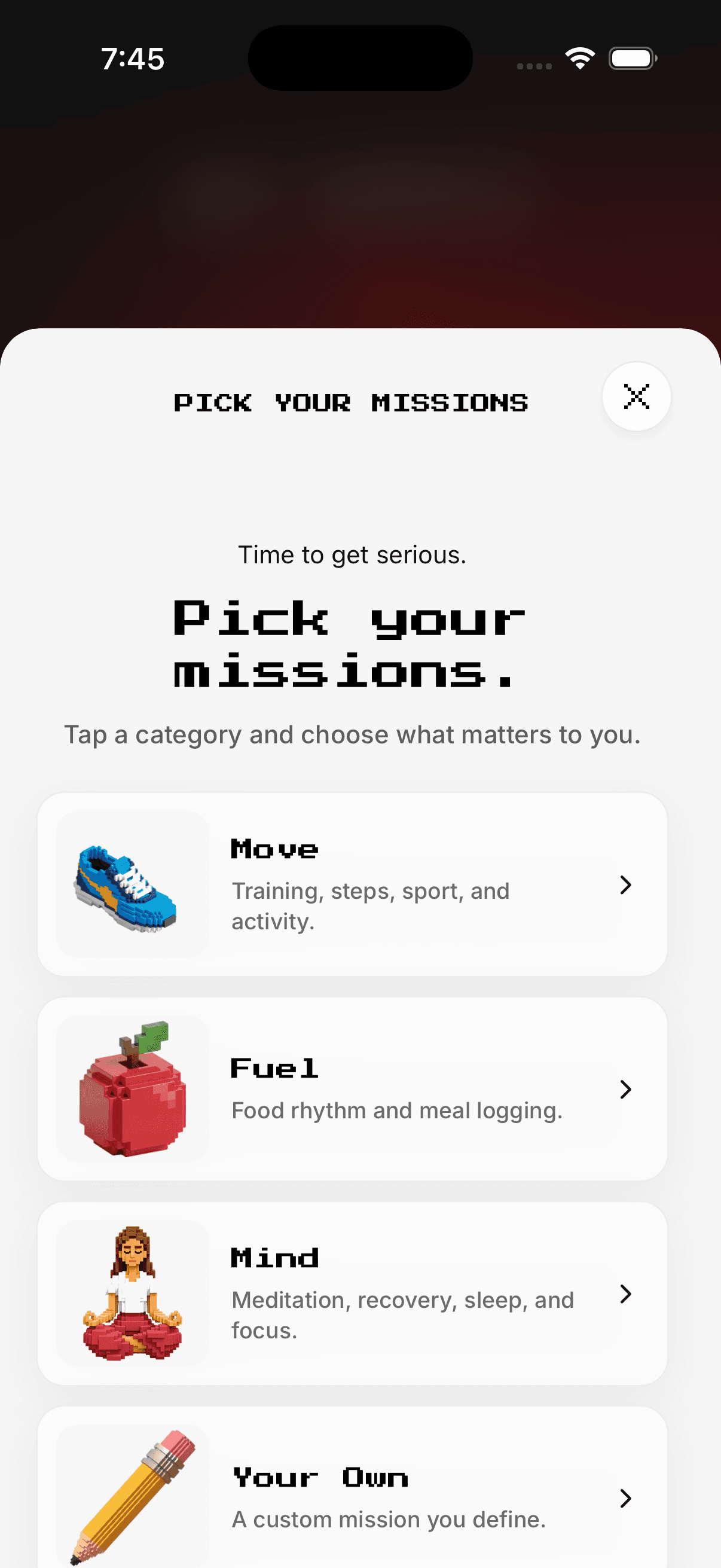 Current One More Day Pick Your Missions screen with Move, Fuel, Mind and Your Own categories