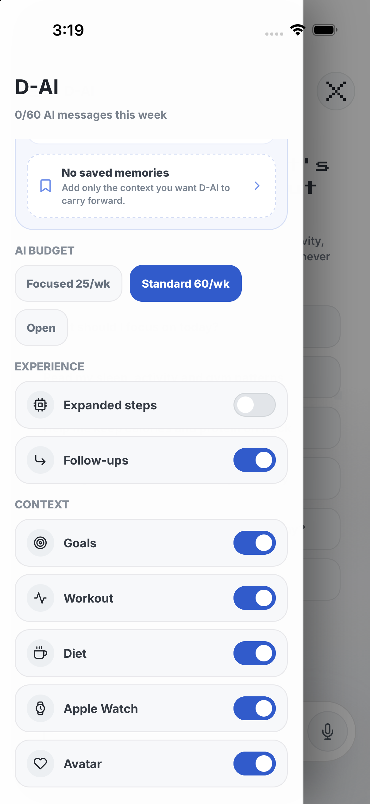 Settings · Choose the OMD context D-AI can use