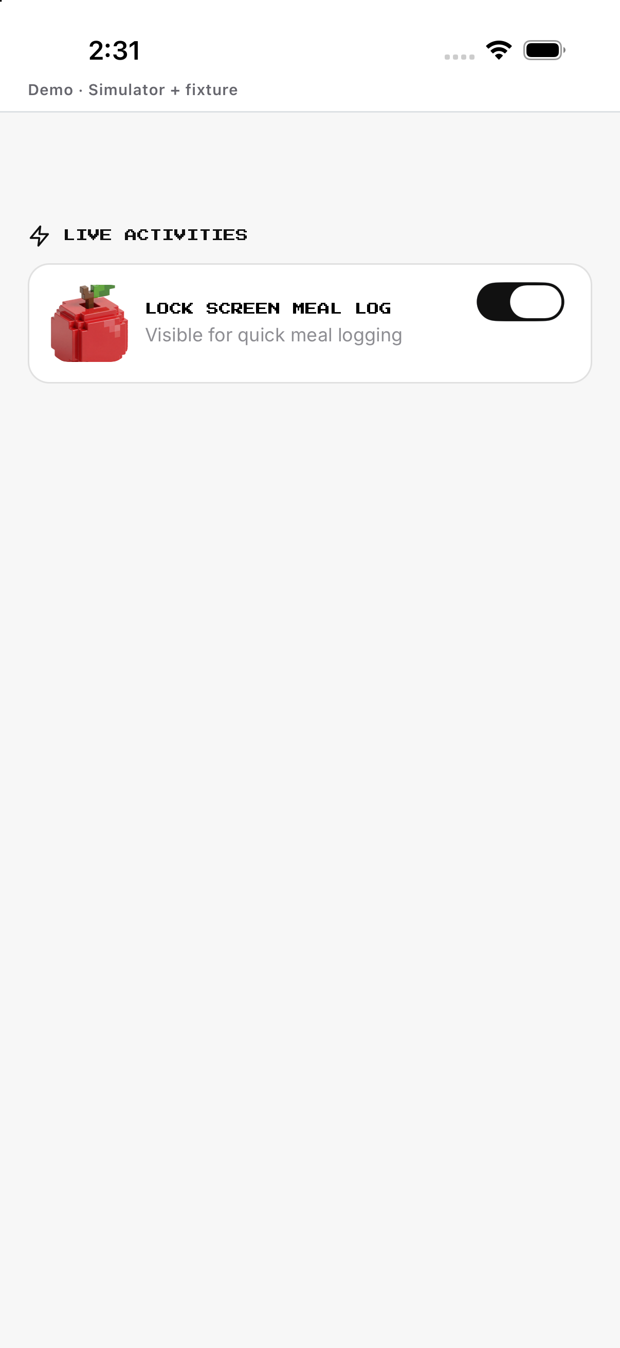 Meal toggle; English UI.