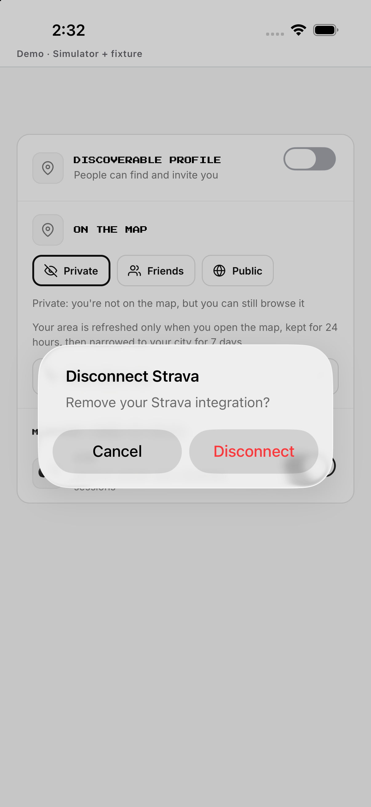 Strava disconnect; English UI.