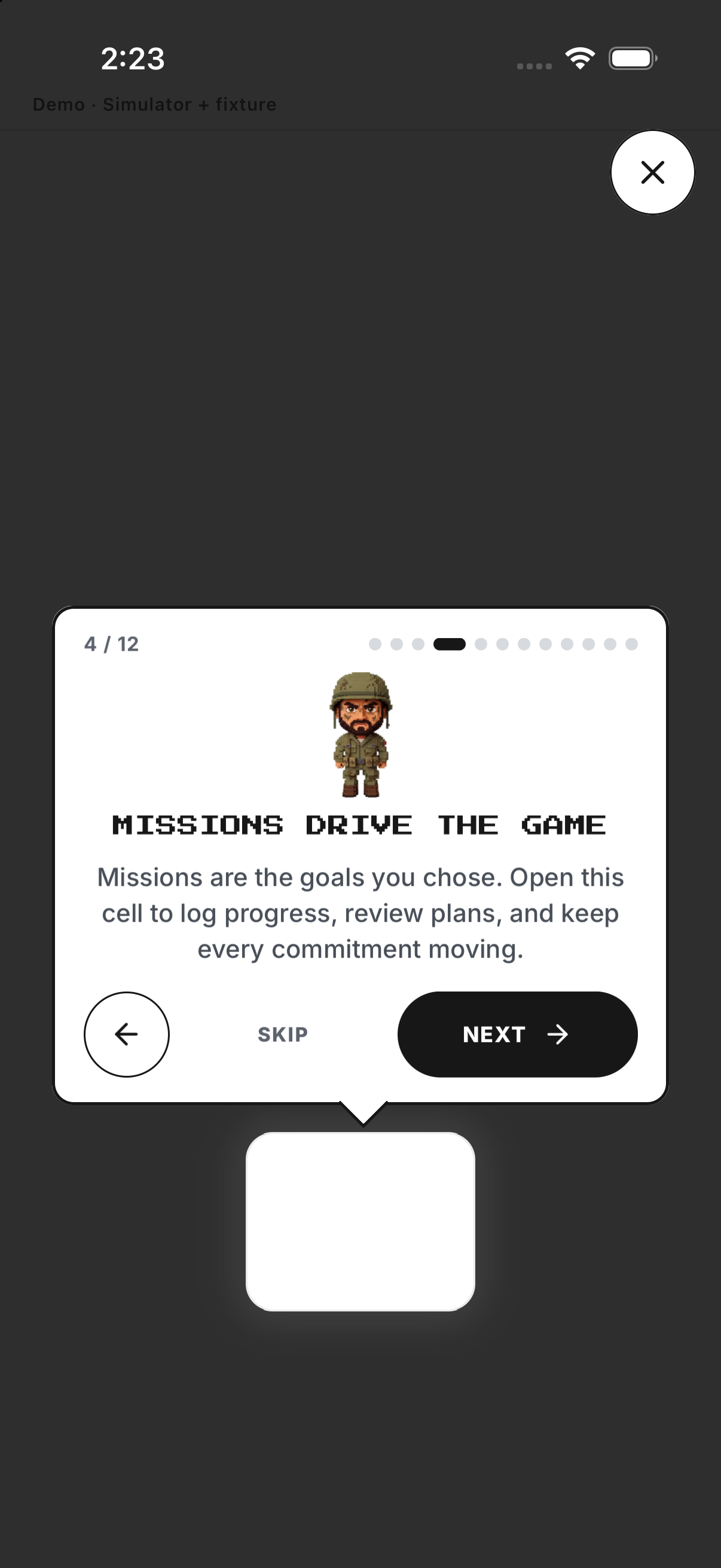 Missions tour step; English UI.
