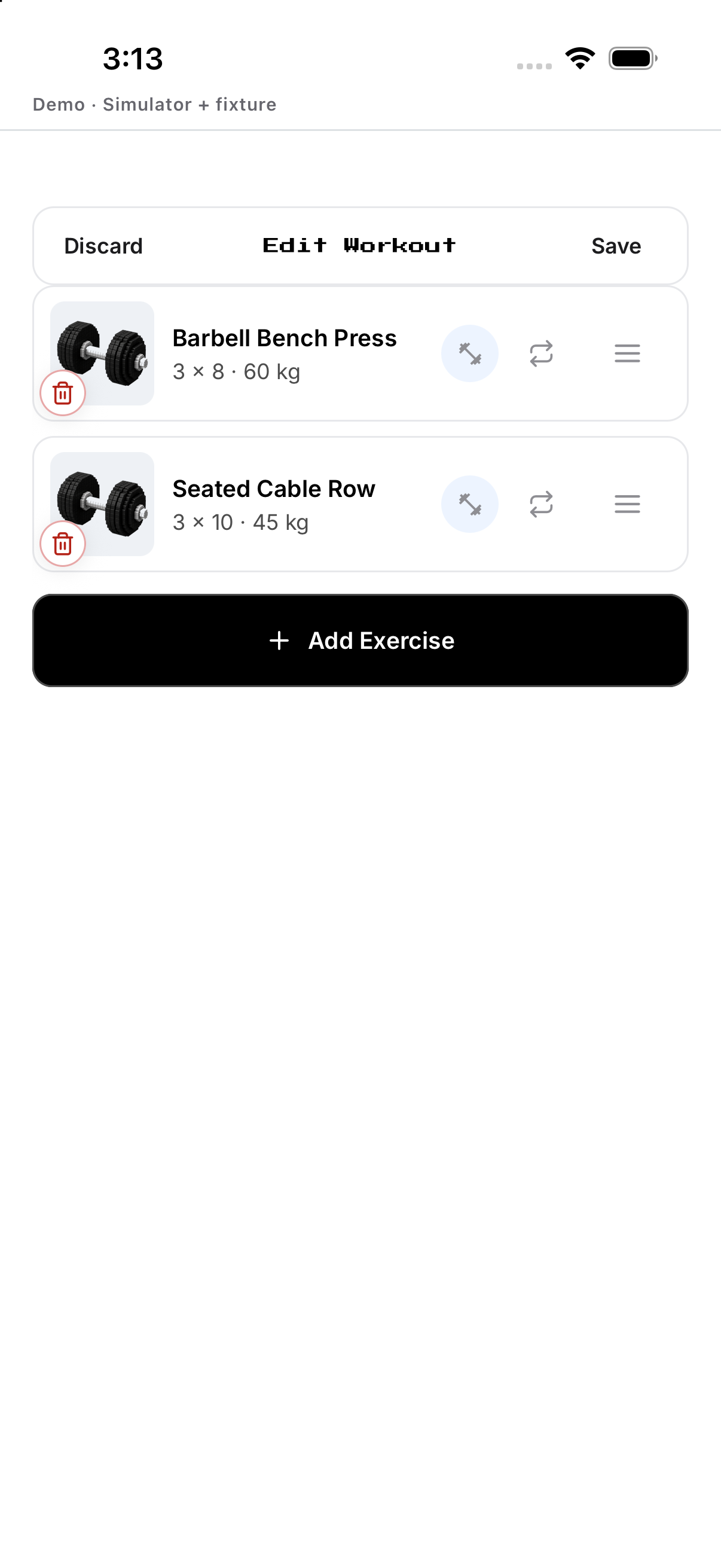 Edit workout · Save and Discard controls (Build 200 English capture)