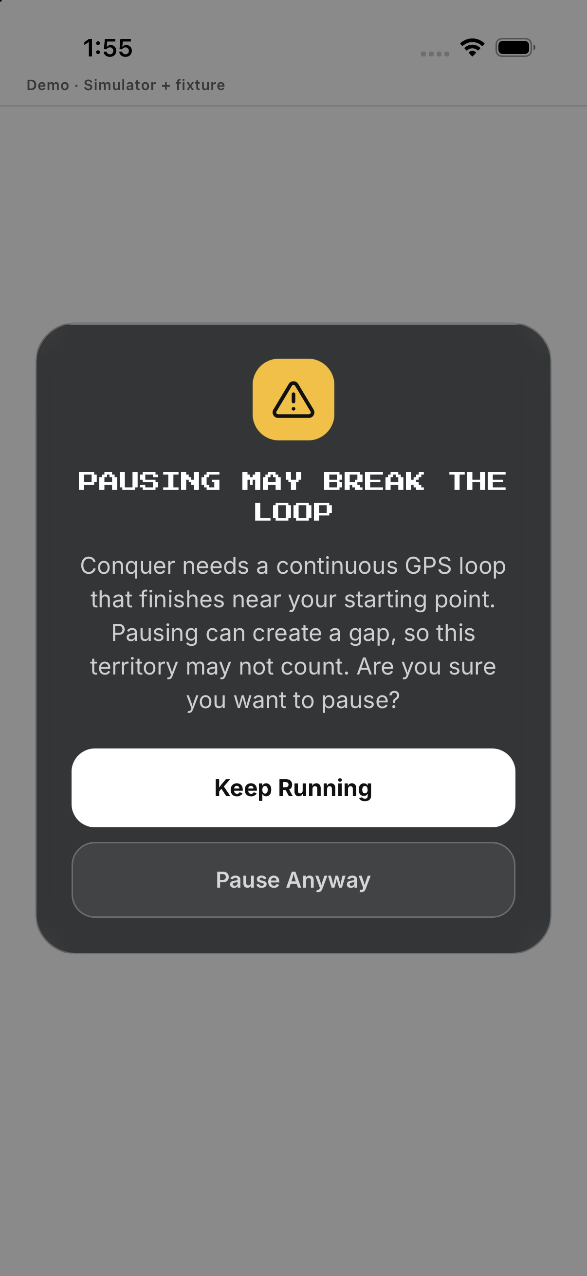 Conquer pause warning; English UI.