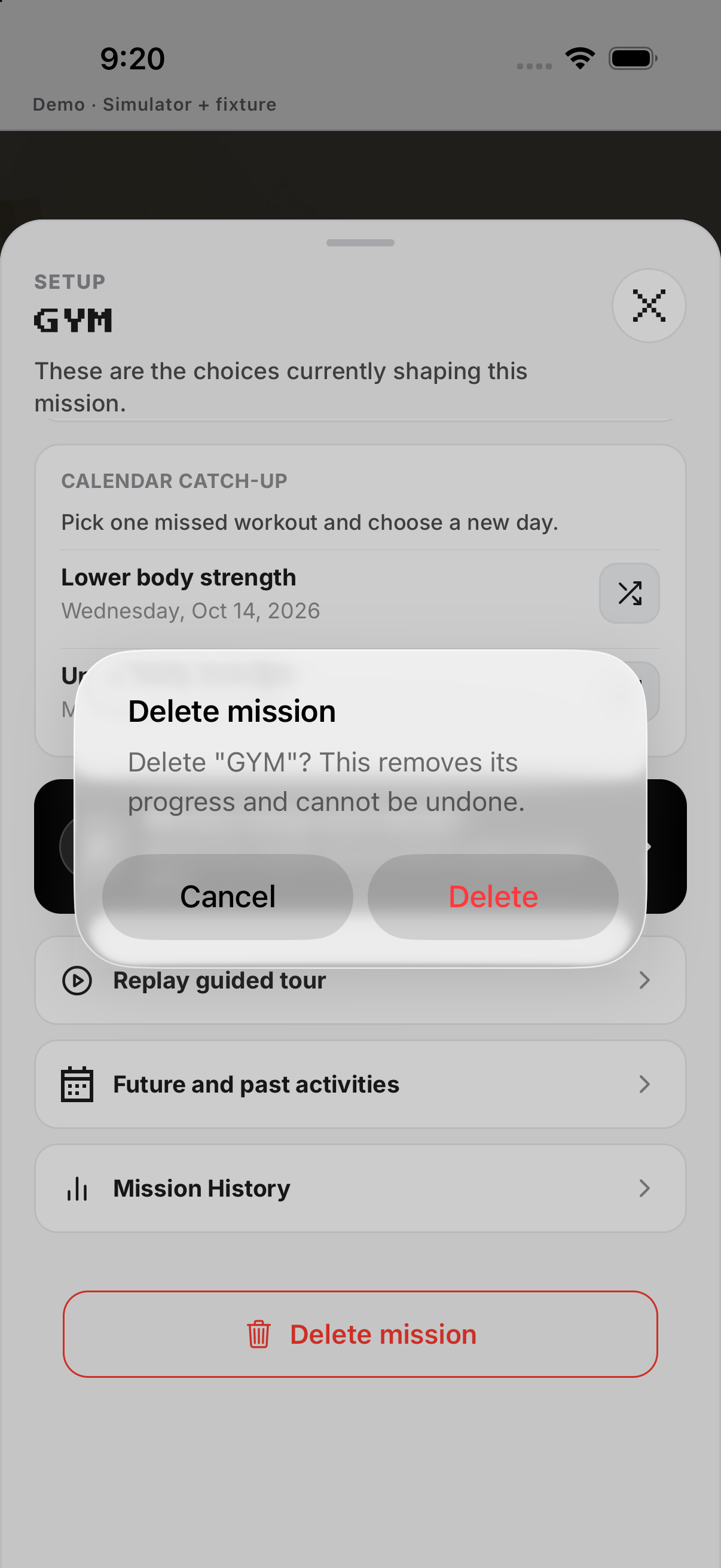 Delete GYM mission · Cancel or Delete